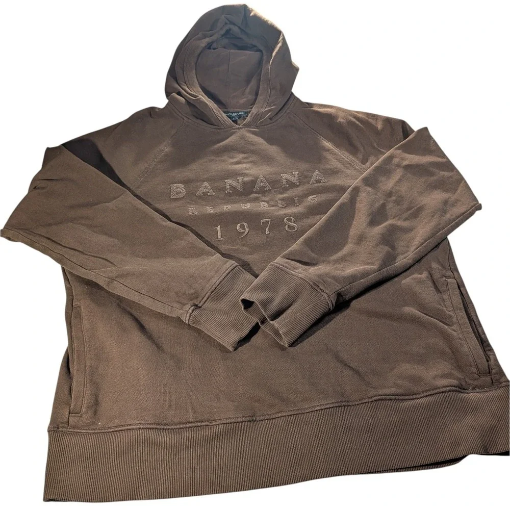 Banana Republic Hooded Sweatshirt Pockets Brown‎ Textured Logo Mens Large